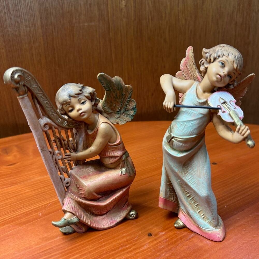 Vintage Roman Fontanini Depose Angel Figurines with Harp and Violin - Set of 2